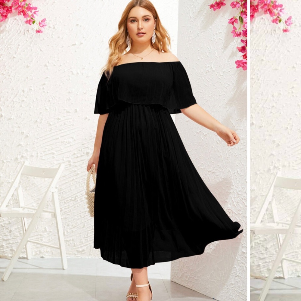 Black accordion off shoulder sheer dress